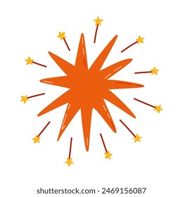 Cute hand drawn exploding star with twinkles clipart in simple cartoon style. Sparkling magical star dust, comet shower. Astrology, astronomy, Christmas element. Universe shine, light, stardust.