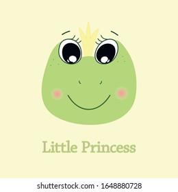 Cute hand drawn face of little frog princess.Sketch for t-shirt print, textile, patch, baby product, pillow, gift - vector illustration.