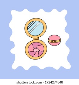 Cute hand drawn face powder with different shades for different types of skin with a small mirror and a puff. Colorful doodle stylized illustration about beauty care and face cosmetic. Vector isolated