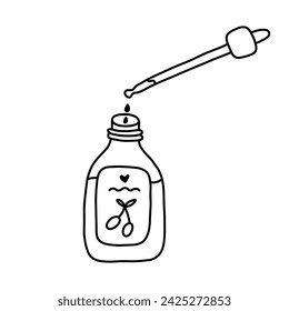 Cute hand drawn face serum bottle with pipette and olive on the label. Skin care cosmetic product. Bottle of natural oil for body with dropper. Simple doodle with hand drawn outline isolated on white.
