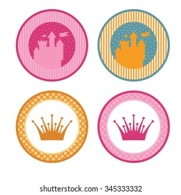 Cute hand drawn fairy tale stickers, wonderland, kingdom objects collection including castle, princess crown on a dotted and striped background.  Magic castle label design