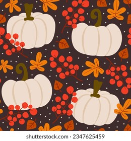 cute hand drawn fall autumn seamless vector pattern background illustration with white pumpkins, berries, leaves and branches for thanksgiving and halloween holidays