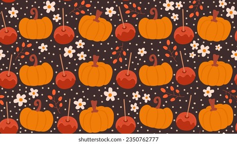 cute hand drawn fall autumn seamless vector pattern background illustration with orange pumpkins, candy apples, leaves and white daisy flowers