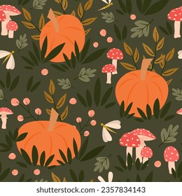 cute hand drawn fall autumn seamless vector pattern background illustration with orange pumpkins, mushrooms, leaves, berries and branches for thanksgiving and halloween holidays