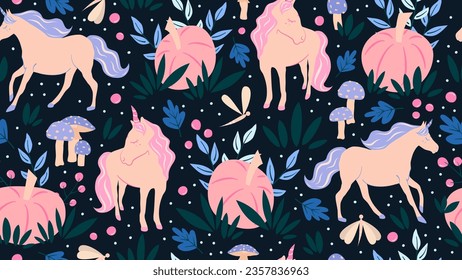 cute hand drawn fall autumn seamless vector pattern background illustration with unicorns, pink pumpkins, mushrooms, leaves, berries and branches for thanksgiving and halloween holidays