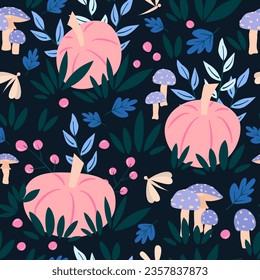 cute hand drawn fall autumn seamless vector pattern background illustration with pink pumpkins, mushrooms, leaves, berries and branches for thanksgiving and halloween holidays