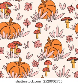 cute hand drawn fall autumn seamless vector pattern background illustration with vibrant orange pumpkins, red mushrooms and pink leaves for thanksgiving and halloween holidays