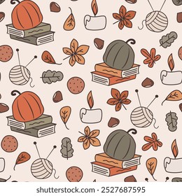 cute hand drawn fall season seamless vector pattern background illustration with autumn leaves, book, pumpkins, candles, chestnuts, cookies and yarn balls