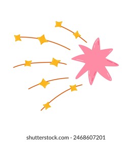 Cute hand drawn falling star with tail clipart in simple cartoon style. Sparkling magical star dust, comet shower. Astrology, astronomy, Christmas element. Universe shine, light, twinkling stardust.