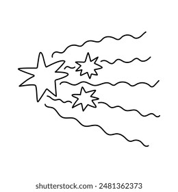 Cute hand drawn falling stars with line tail clipart with doodle outline. Sparkling magical star dust, comet shower. Astrology, astronomy, Christmas icon. Universe shine, light, twinkling stardust.