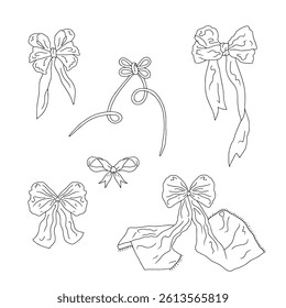 Cute hand drawn fancy linear black and white bow knots bundle isolated on white background. Pretty vintage monochrome line art coquettes set. Doodle decoration clipart. Vector illustration