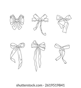 Cute hand drawn fancy linear black and white bow knots bundle isolated on white background. Pretty vintage monochrome line art coquettes set. Doodle decoration clipart. Vector illustration