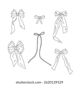 Cute hand drawn fancy linear black and white bow knots bundle isolated on white background. Pretty vintage monochrome line art coquettes set. Doodle decoration clipart. Vector illustration