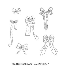 Cute hand drawn fancy linear black and white bow knots bundle isolated on white background. Pretty vintage monochrome line art coquettes set. Doodle decoration clipart. Vector illustration