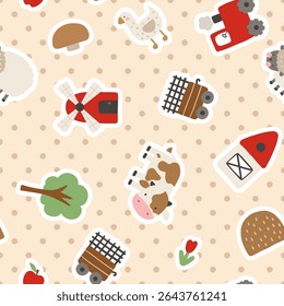 Cute hand drawn farm animals with cow and mushrooms and trees with apple, goose on a polka dot beige and brown neutral for boy and girl texture. Kids seamless pattern background.