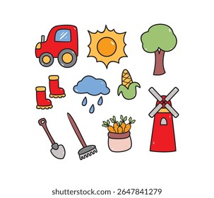 Cute hand drawn farming item elements illustrations collection