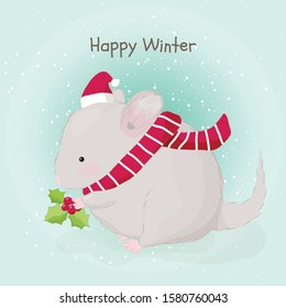 Cute hand drawn fat mouse wearing Santa hat winter banner
