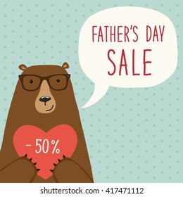 Cute hand drawn Father's Day card as funny cartoon character of bear with speech bubble and hand written text