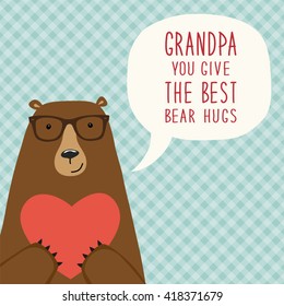 Cute hand drawn Father's Day card as funny cartoon character of bear with speech bubble and hand written text as childish quote