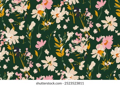 Cute hand drawn  feminine   seamless pattern with wildflowers.