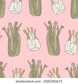 cute hand drawn fennel and celery vegetables seamless vector pattern illustration on pink background