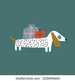 Cute hand drawn festive dog with gifts. Cartoon dachshund Christmas vector illustration for poster, cards, apparel.