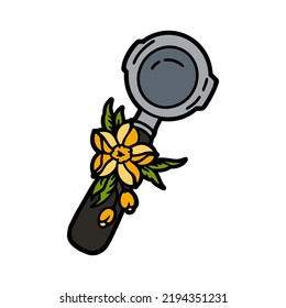 A cute hand drawn filter holder (horn) for a coffee maker. Color image of coffee cone with flowers. Vector illustration.