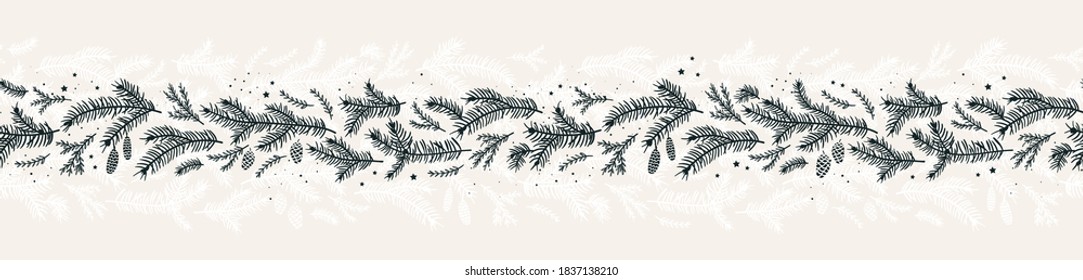 Cute hand drawn fir branches seamless pattern, lovely winter and christmas background with doodle stars, great for textiles, banners, wallpapers, cards - vector design