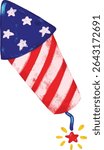 Cute hand drawn firework rocket happy 4th of july usa united states of America national independence day blue red stars stripes icon patriotic watercolor crayon doodle illustration design vector