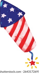 Cute hand drawn firework rocket happy 4th of july usa united states of America national independence day blue red stars stripes icon patriotic watercolor crayon doodle illustration design vector