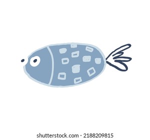 Cute hand drawn fish. Blue animal with light blue outline and pattern. Underwater world. Funny childish doodle style. Vector illustration isolated on white.