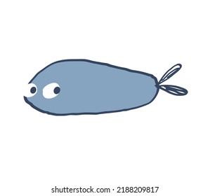 Cute hand drawn fish. Blue animal with dark blue outline. Underwater world. Funny childish doodle style. Vector illustration isolated on white.