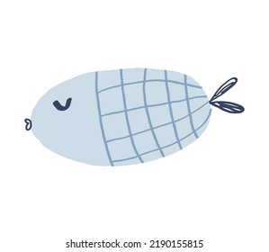 Cute hand drawn fish. Blue bif animal with dark blue pattern.
Underwater world. Funny childish doodle style. Vector illustration isolated on white.