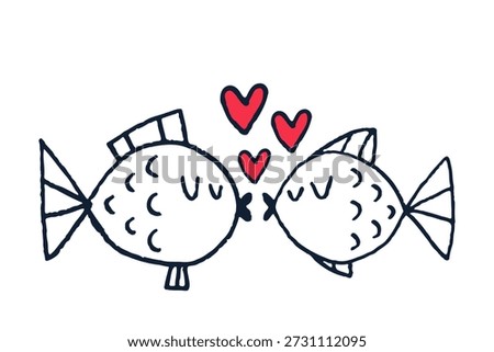 Cute hand drawn fish couple in love. Best for Valentine's day greeting card. Vector doodle illustration isolated on white.