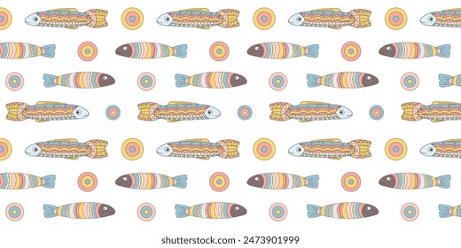 Cute hand drawn fish. Repeating pattern of funny characters. Kids print. Doodles. Underwater world. For textiles, children's clothing, wallpaper, packaging, wrapping paper 