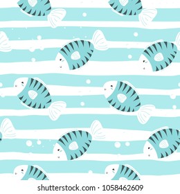 Cute hand drawn fish under water. vector pattern