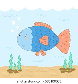 Cute hand drawn fish under water. vector print.