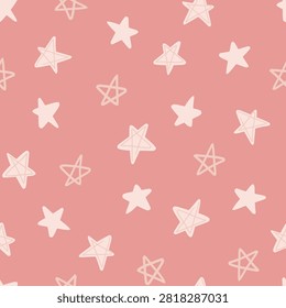Cute hand drawn five-pointed stars forming a minimalist holiday design in colors of off white and peach. Christmas icons seamless vector pattern. Great for home decor, fabric, wallpaper, gift wrap, stationery, packaging design projects.