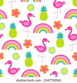 Cute hand drawn flamingo, rainbow and tropical fruits seamless pattern for summer holidays background.