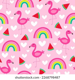 Cute hand drawn flamingo, rainbow, watermelon with heart seamless pattern for summer holidays background.
