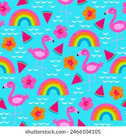 Cute hand drawn flamingo, rainbow, hibiscus and watermelon seamless pattern for summer holidays background.