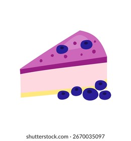 Cute hand drawn flat blueberry cheesecake with berries and jelly isolated on white background.