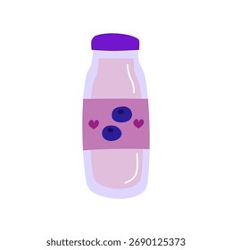 Linda mano dibujada plana leche de arándano o batido en botella de plástico aislado sobre fondo blanco.