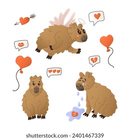 Cute hand drawn flat capybaras in love. St Valentines day concept. Funny flat animals characters with emotions and feelings. Isolated set on white background. Childish illustration for sticker