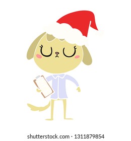 cute hand drawn flat color illustration of a dog wearing office shirt wearing santa hat