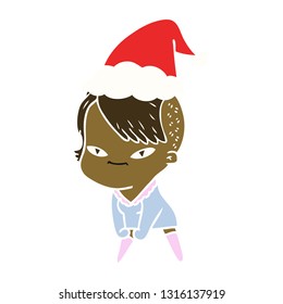 linda ilustración a color plano dibujada a mano de una chica con el pelo hipster usando sombrero santa