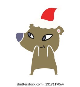 cute hand drawn flat color illustration of a bear wearing santa hat