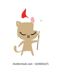 cute hand drawn flat color illustration of a cat with sign wearing santa hat