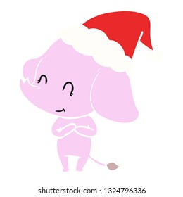 cute hand drawn flat color illustration of an elephant wearing santa hat