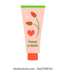 Süße handgezeichnete flache Handcreme in Tube mit Erdbeeren einzeln auf weißem Hintergrund. Rosa kosmetisches Produkt.